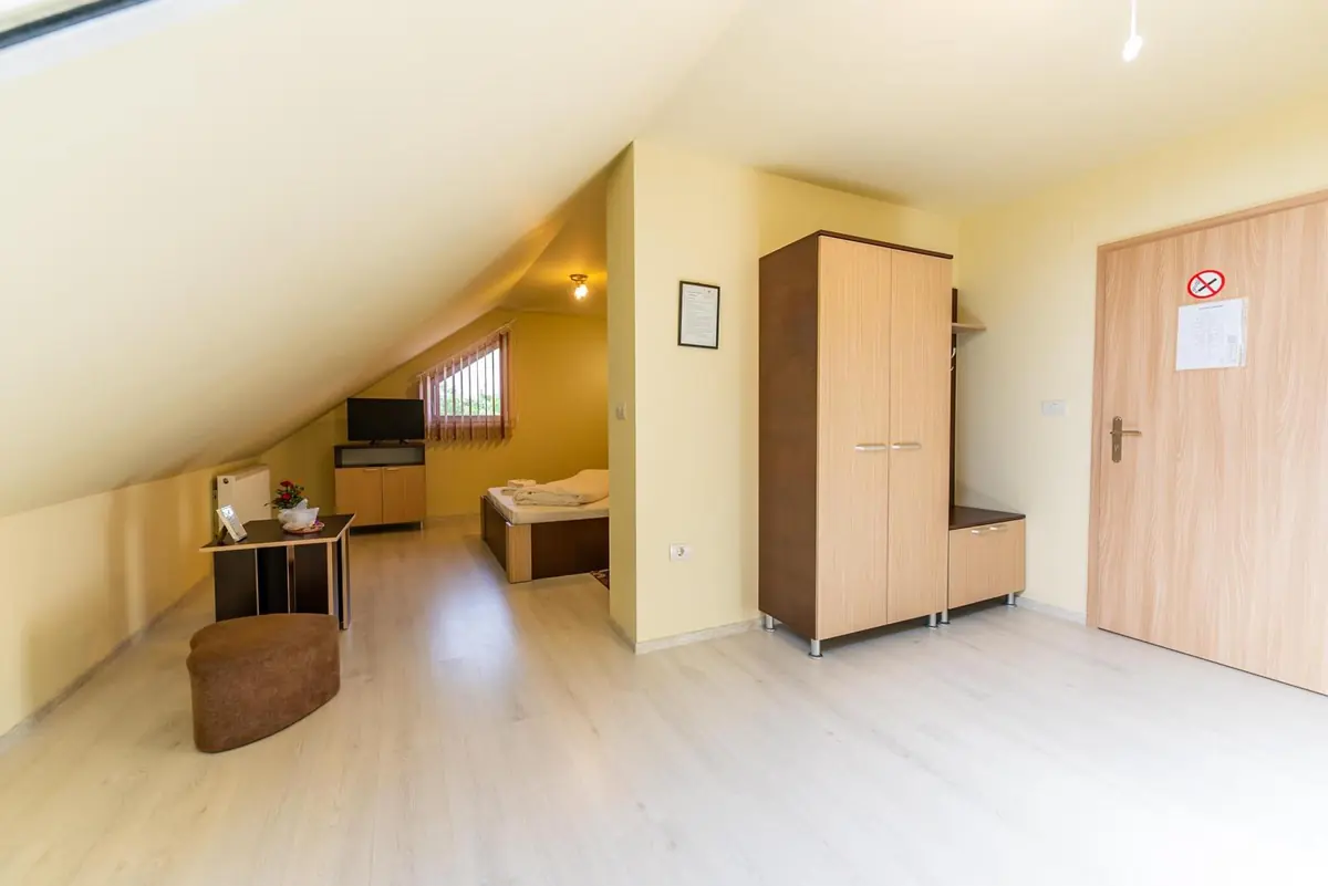 Cameră la mansardă cu fereastră de tip velux și dulap din lemn